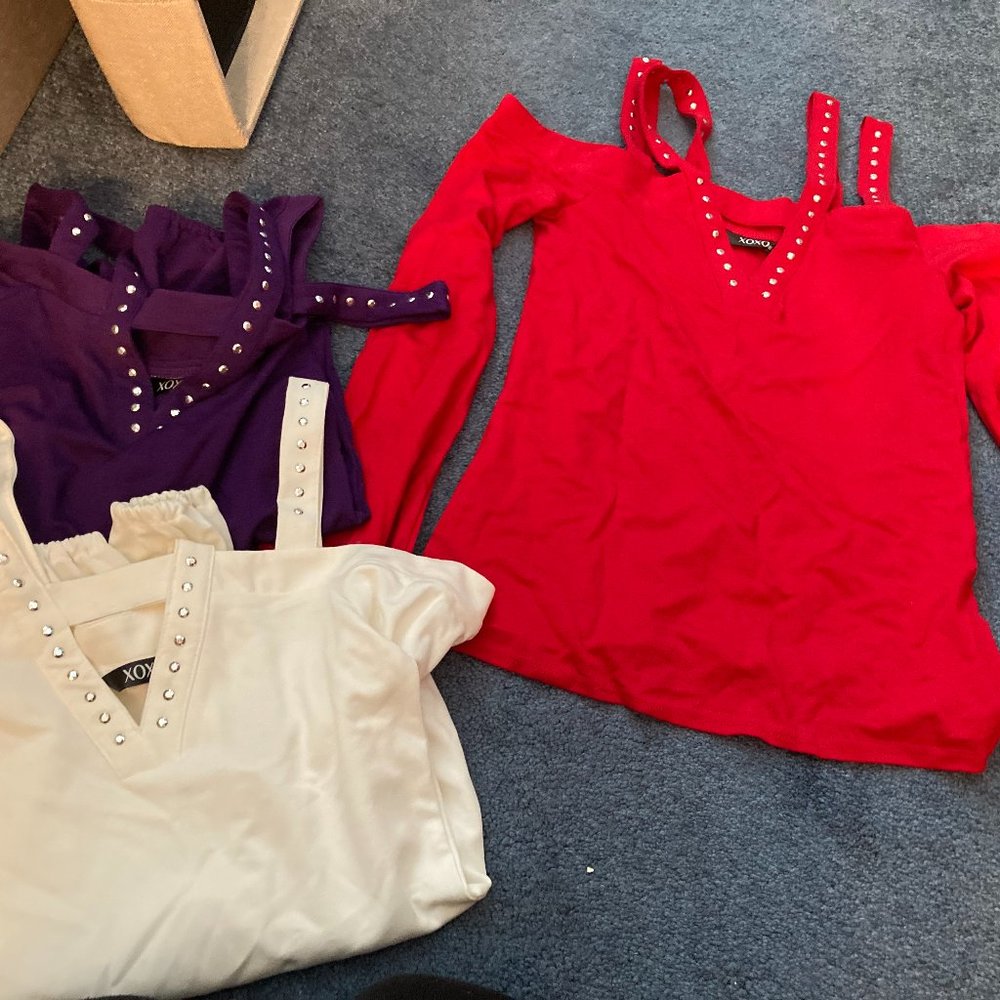 3 NEW XOXO TOPS/RED/PURPLE/BEIGE- XS/ STUD DETAIL/SEXY TOP